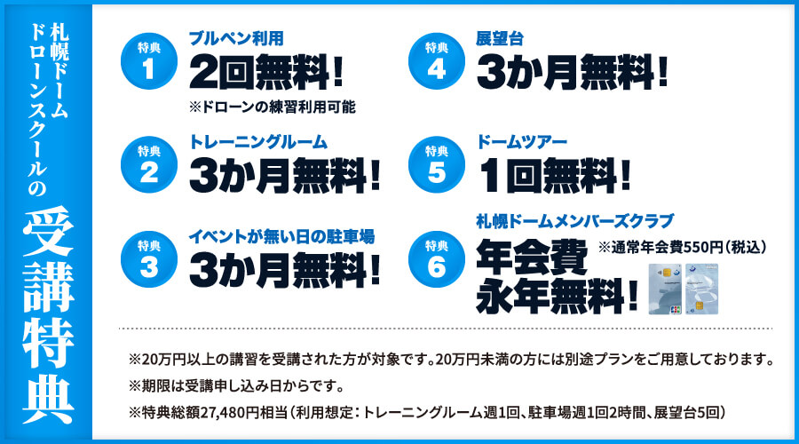 札幌ドーム ドローンスクールの受講特典を記載した図