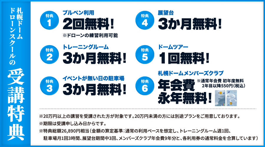 札幌ドーム ドローンスクールの受講特典を記載した図