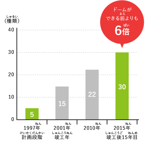 1997年計画段階5種類 2001年竣工年15種類 2010年22種類 2015年竣工後15年目30種類 ドームができる前よりも6倍