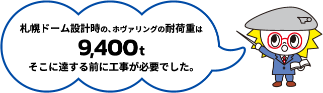 札幌ドーム設計時の、ホヴァリングの耐荷重は「9400t」。そこに達する前に工事が必要でした。