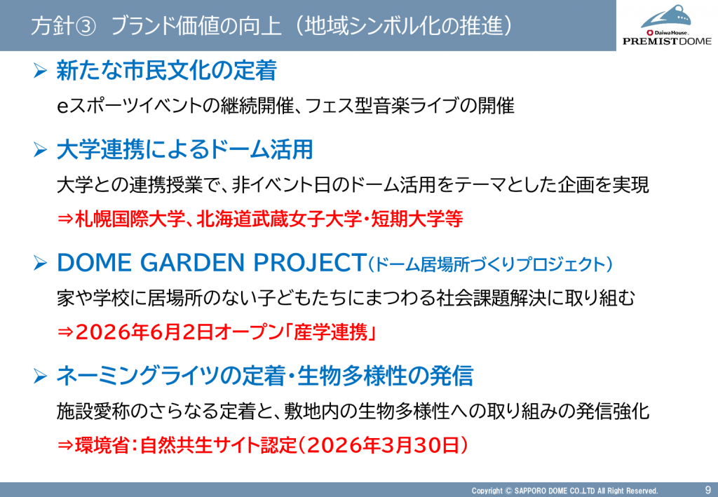 方針③ ブランド価値の向上(地域シンボル化の推進)
新たな市民文化の定着
大学連携によるドーム活用
DOME GARDEN PROJECT
ネーミングライツの定着・生物多様性の発信